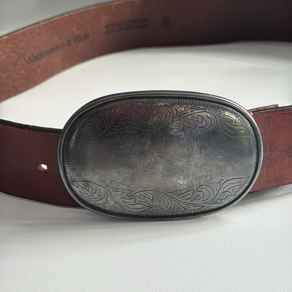 Abercrombie and Fitch Western Tooled Leather Belt Brown Chunky Silver Buckle - Picture 4 of 10